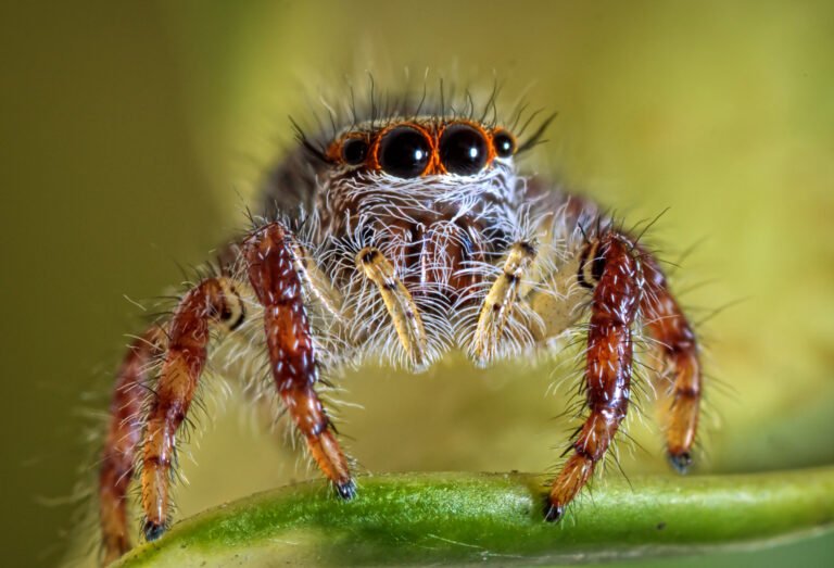 Front view of a jumping spider in the Salticidae family showing large forward-facing eyes