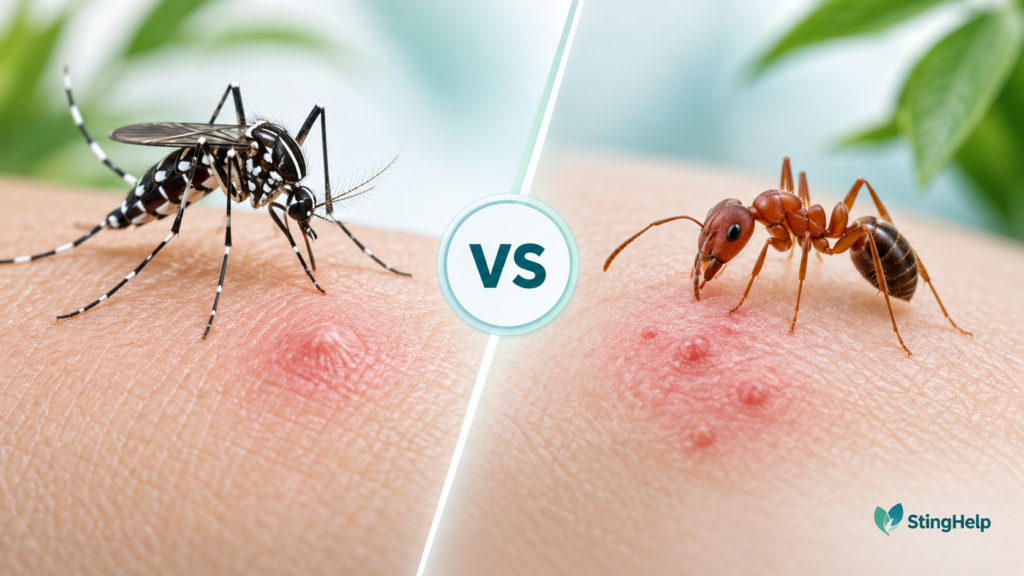 Featured image comparing an Asian tiger mosquito bite and red ant bite for a StingHelp medical education article.