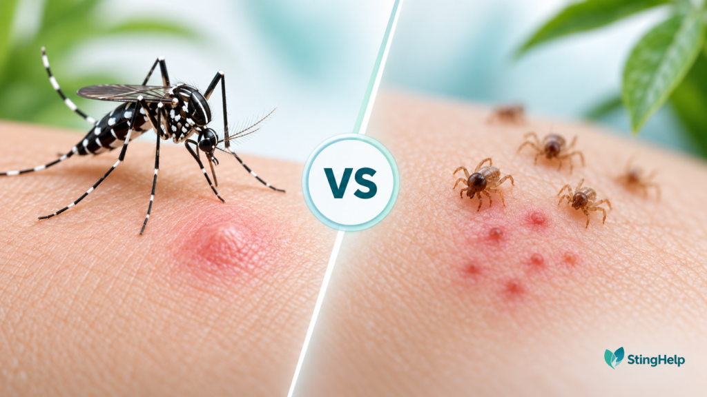 Featured image comparing an Asian tiger mosquito bite and seed tick bite for a StingHelp medical education article.