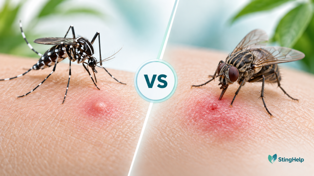 Featured image comparing an Asian tiger mosquito bite and stable fly bite for a StingHelp medical education article.