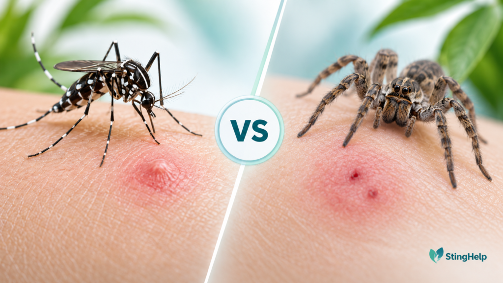 Featured image comparing an Asian tiger mosquito bite and wolf spider bite for a StingHelp medical education article.