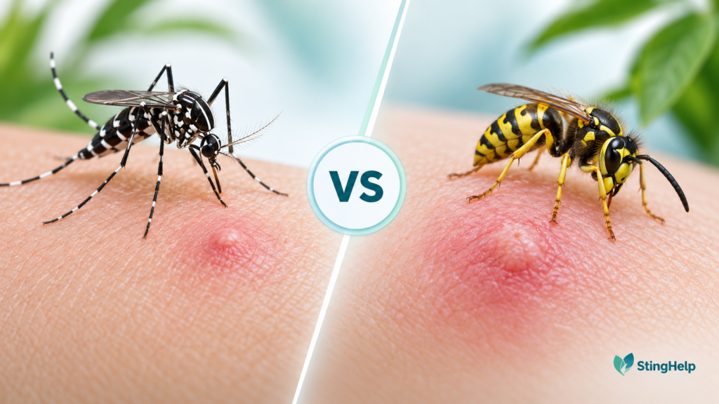Featured image comparing an Asian tiger mosquito bite and yellow jacket sting for a StingHelp medical education article.