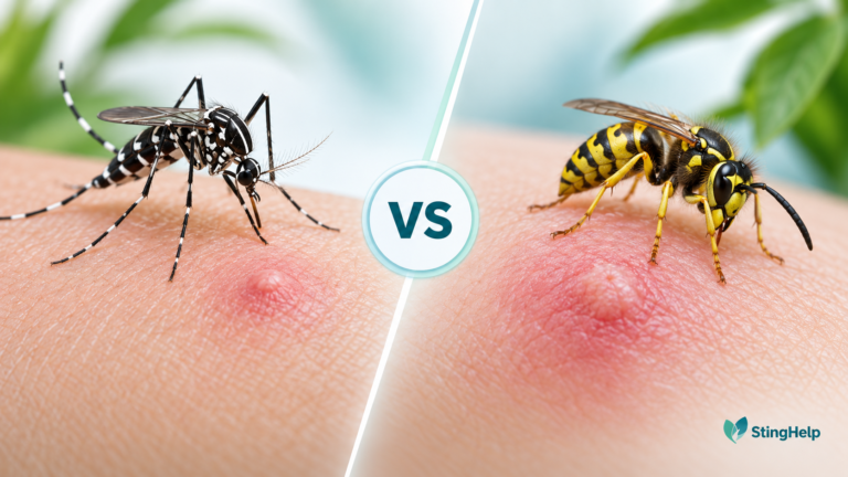 Featured image comparing an Asian tiger mosquito bite and yellow jacket sting for a StingHelp medical education article.