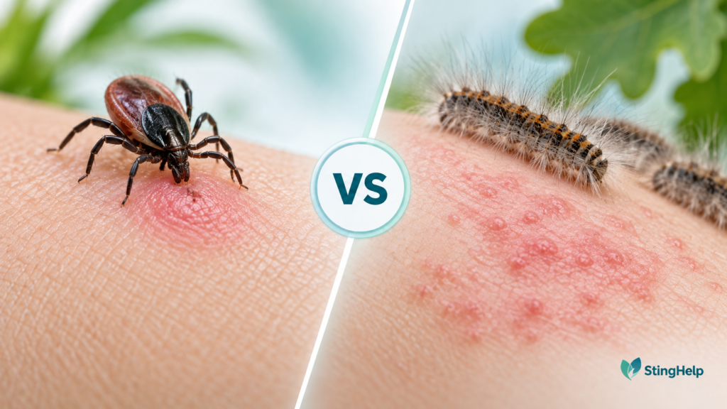 Featured image comparing a blacklegged tick bite and oak processionary moth rash for a StingHelp medical education article.