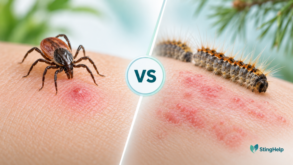 Featured image comparing a blacklegged tick bite and pine processionary caterpillar rash for a StingHelp medical education article.