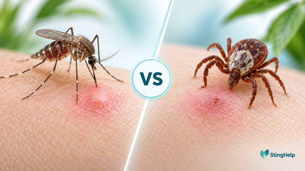 Featured image comparing a Culex mosquito bite and American dog tick bite for a StingHelp medical education article.