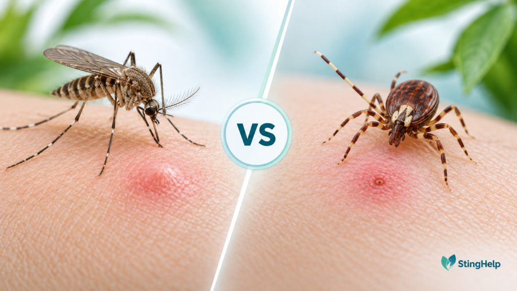 Featured image comparing a Culex mosquito bite and Asian longhorned tick bite for a StingHelp medical education article.