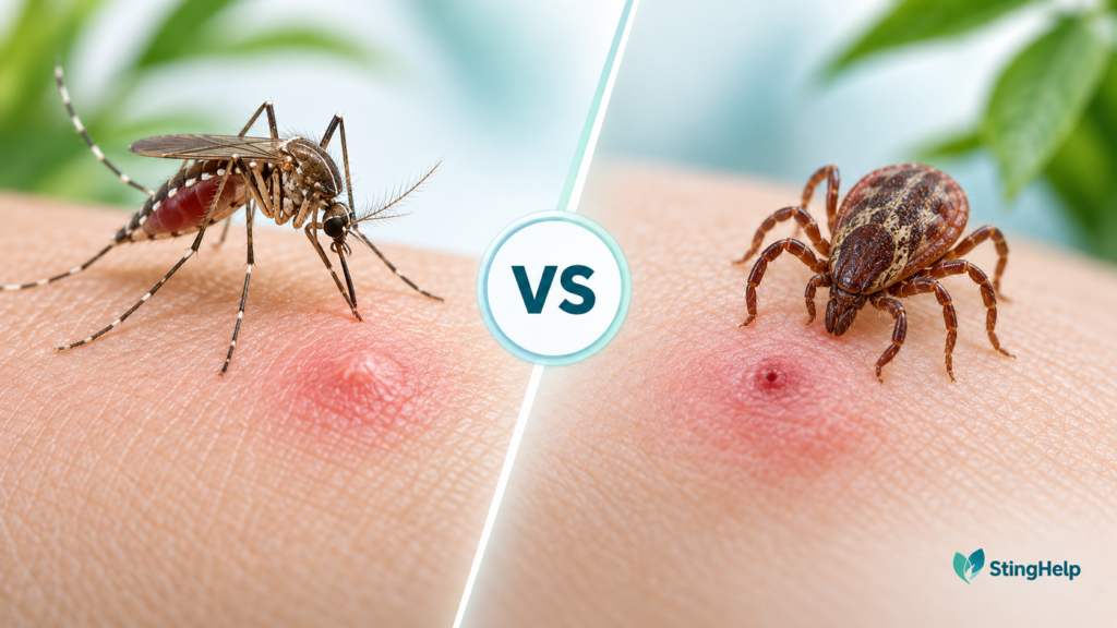 Featured image comparing a Culex mosquito bite and brown dog tick bite for a StingHelp medical education article.