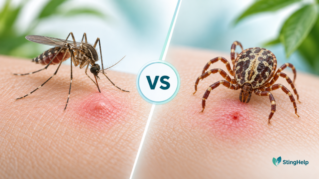 Featured image comparing a Culex mosquito bite and Gulf Coast tick bite for a StingHelp medical education article.