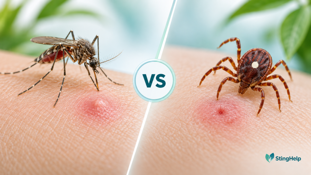 Featured image comparing a Culex mosquito bite and lone star tick bite for a StingHelp medical education article.