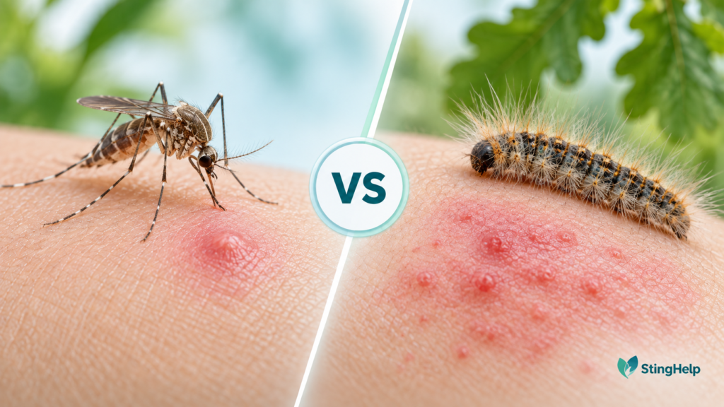 Featured image comparing a Culex mosquito bite and oak processionary moth rash for a StingHelp medical education article.