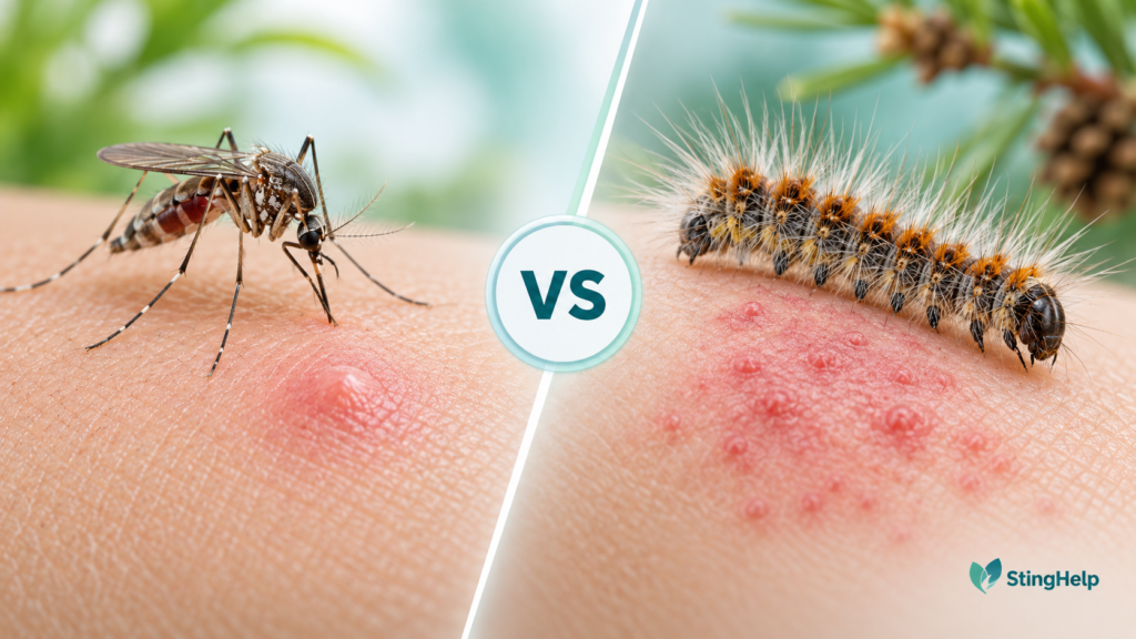Featured image comparing a Culex mosquito bite and pine processionary caterpillar rash for a StingHelp medical education article.