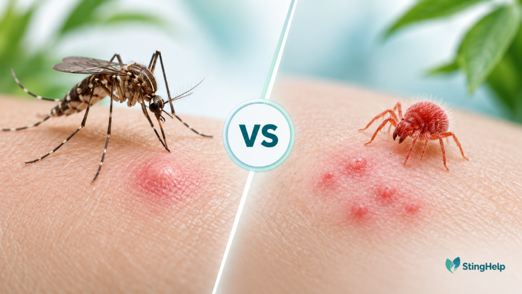 Featured image comparing a Culex mosquito bite and straw itch mite bite for a StingHelp medical education article.