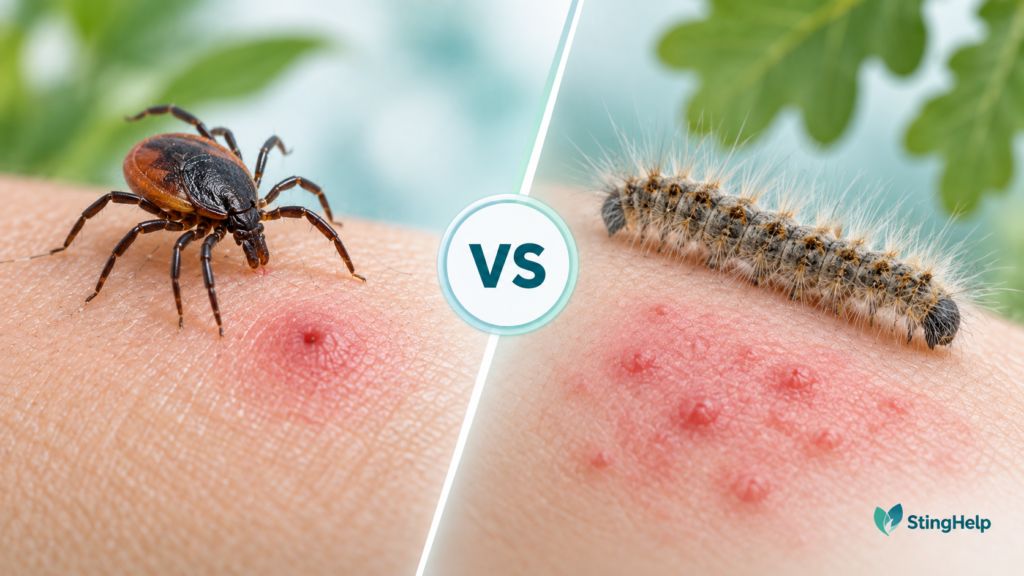Featured image comparing a deer tick bite and oak processionary moth rash for a StingHelp medical education article.