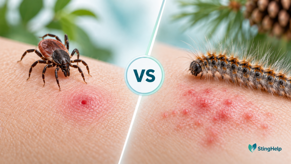 Featured image comparing a deer tick bite and pine processionary caterpillar rash for a StingHelp medical education article.