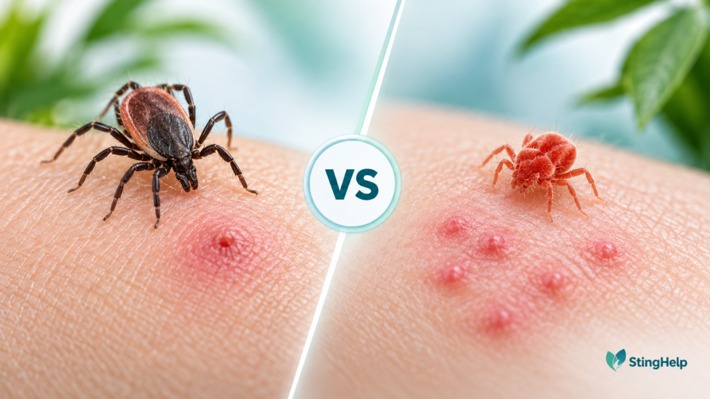 Featured image comparing a deer tick bite and straw itch mite bite for a StingHelp medical education article.