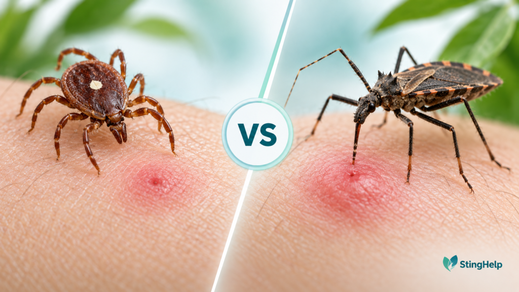 Featured image comparing a lone star tick bite and assassin bug bite for a StingHelp medical education article.
