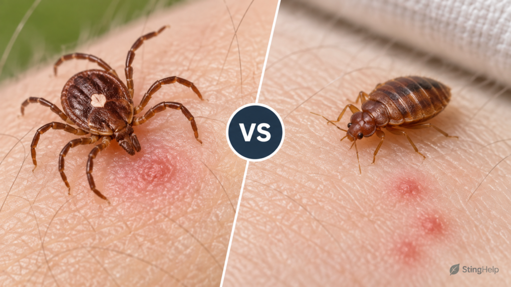 Featured image comparing a lone star tick bite and bed bug bites for a StingHelp medical education article.