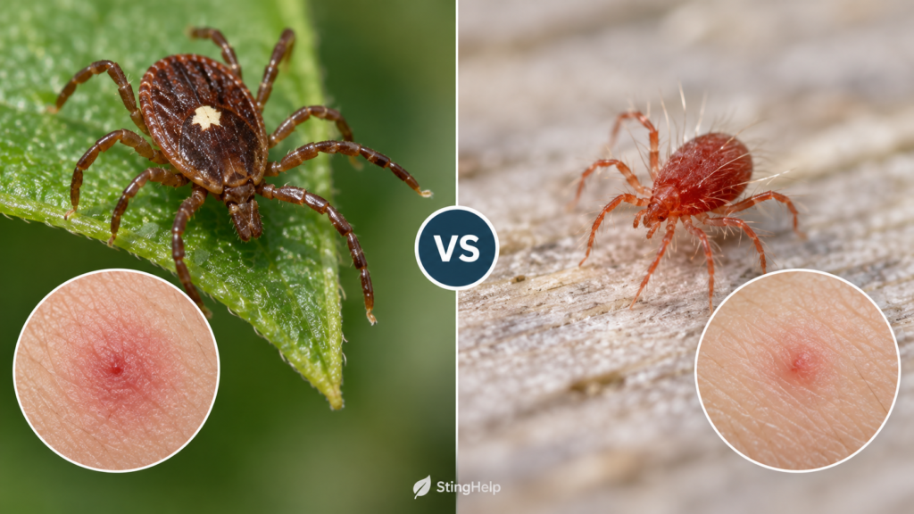 Featured image comparing a lone star tick bite and bird mite bites for a StingHelp medical education article.