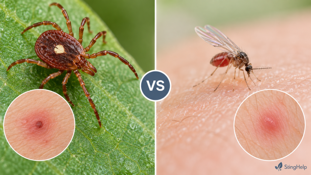 Featured image comparing a lone star tick bite and biting midge bite for a StingHelp medical education article.
