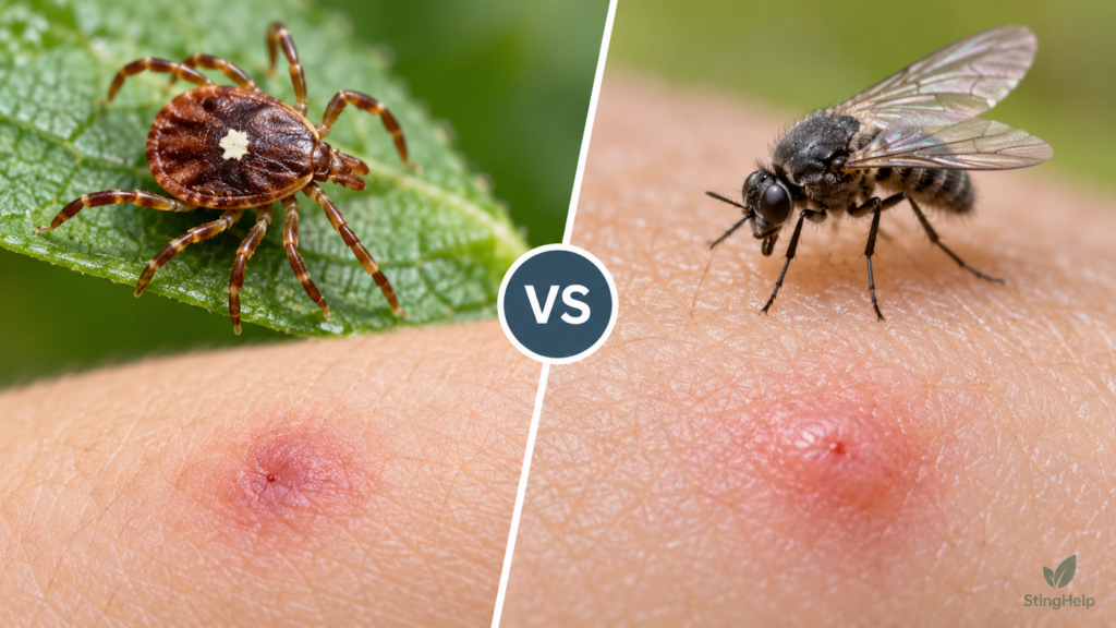 Featured image comparing a lone star tick bite and black fly bite for a StingHelp medical education article.