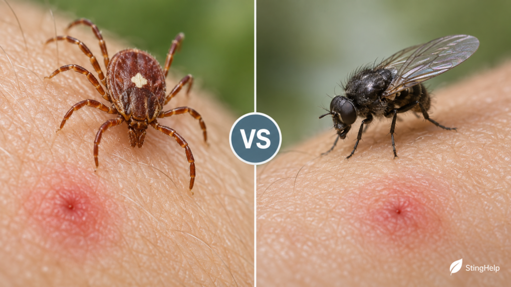 Featured image comparing a lone star tick bite and Blandford fly bite for a StingHelp medical education article.