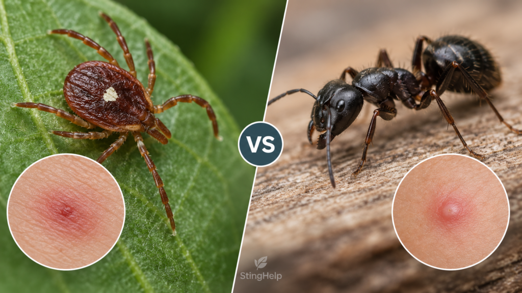 Featured image comparing a lone star tick bite and carpenter ant bite for a StingHelp medical education article.