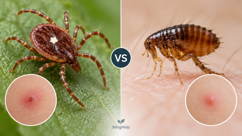 Featured image comparing a lone star tick bite and cat flea bite for a StingHelp medical education article.