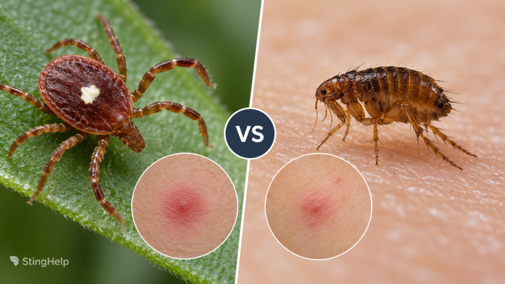 Featured image comparing a lone star tick bite and dog flea bite for a StingHelp medical education article.