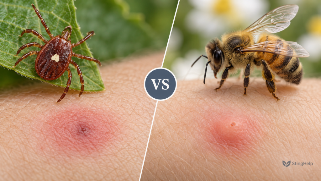 Featured image comparing a lone star tick bite and honey bee sting for a StingHelp medical education article.