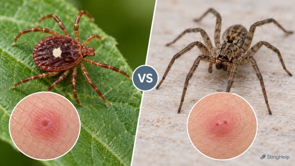 Featured image comparing a lone star tick bite and house spider bite for a StingHelp medical education article.
