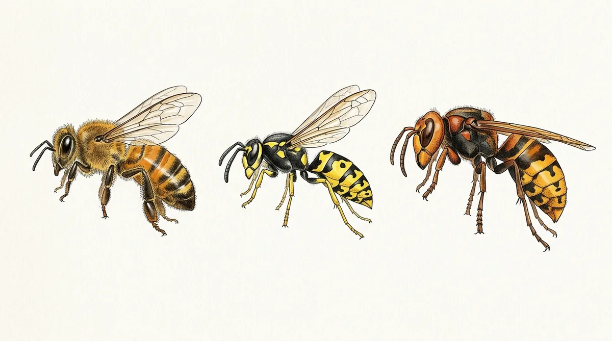 Side-by-side comparison of a honey bee, yellowjacket wasp, and hornet
