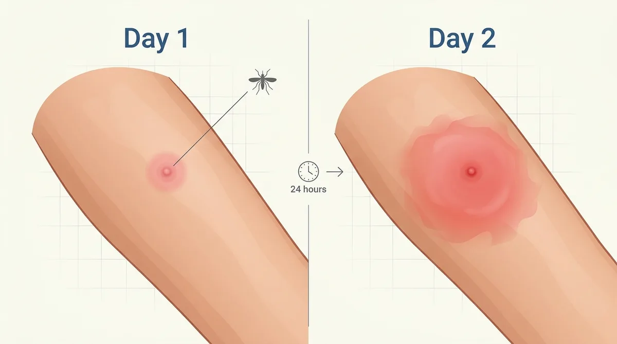 Comparison of a bug bite on day one versus day two showing increased swelling