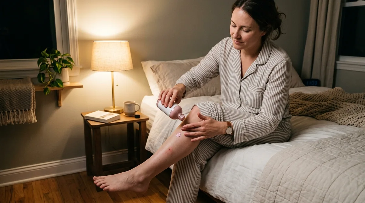Applying calamine lotion to an itchy bite on a leg before bed