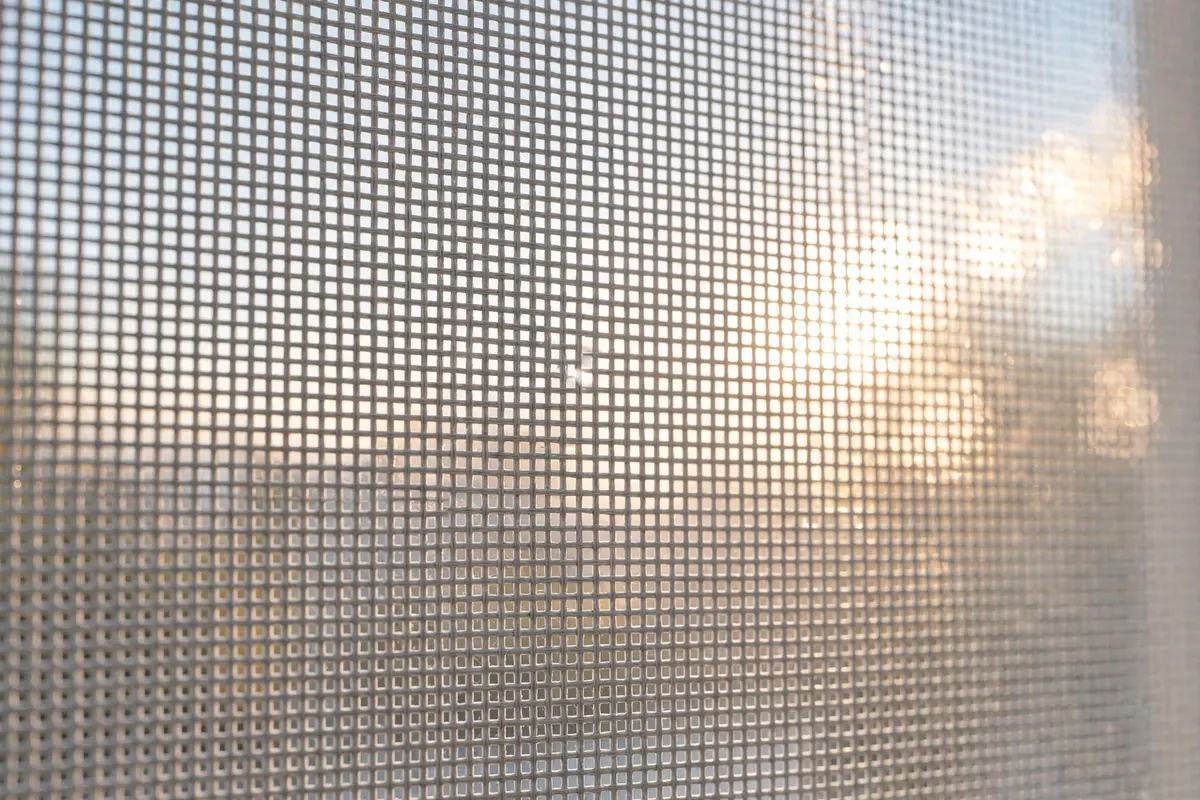 Close-up of fine window screen mesh seen against bright daylight