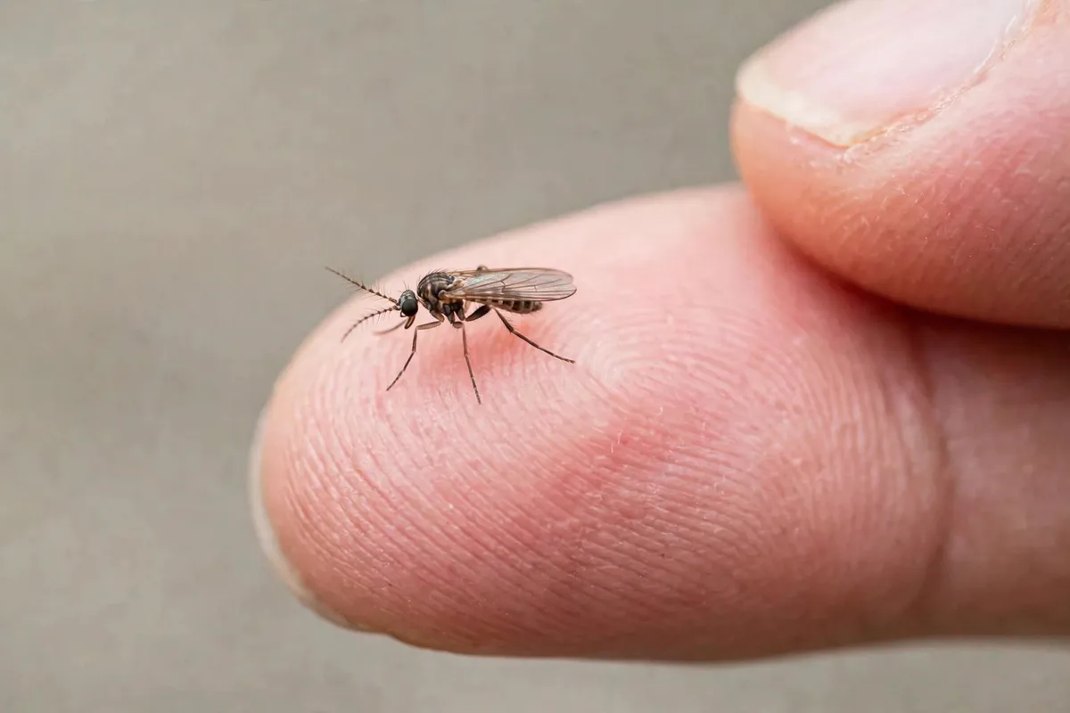Tiny biting midge resting on a fingertip for size comparison