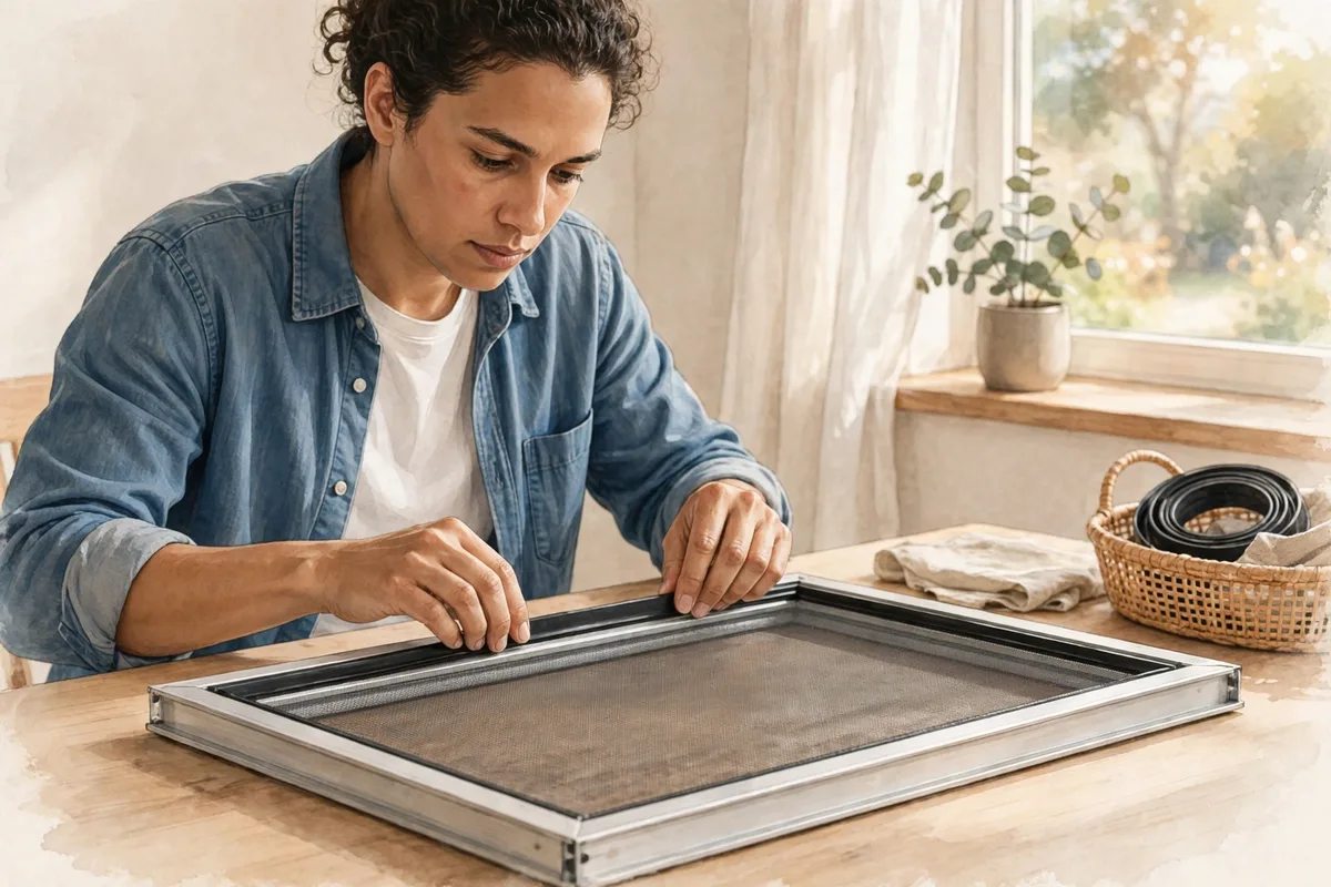 Person re-screening a window frame with new fine mesh