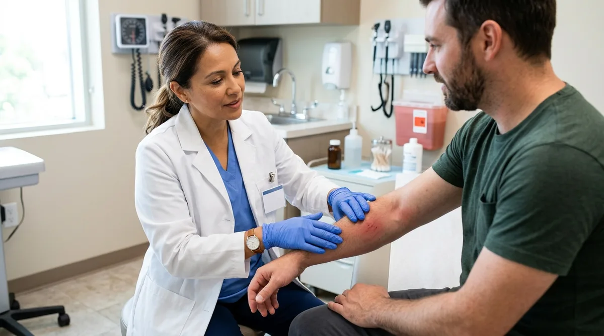 Doctor examining a patient's swollen insect bite in a clinic