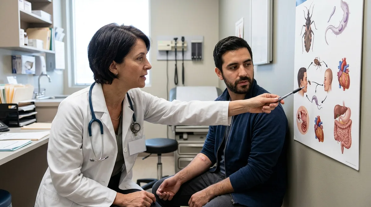 Doctor explaining Chagas disease risk to a patient after a kissing bug bite in a clinic