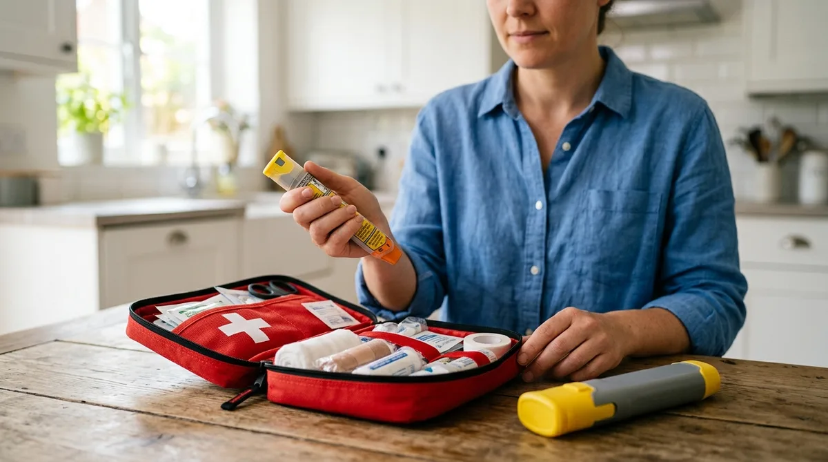 Epinephrine auto-injector next to an open first aid kit for allergy emergencies