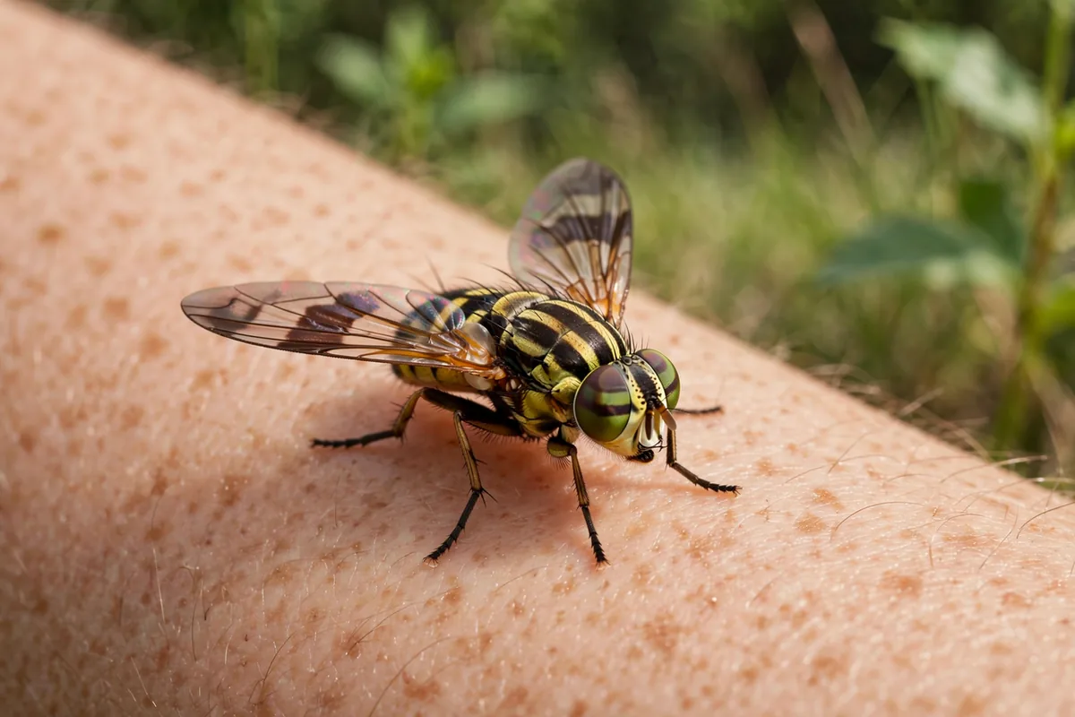 Close-up of a deer fly resting on skin outdoors, clean editorial style, no gore