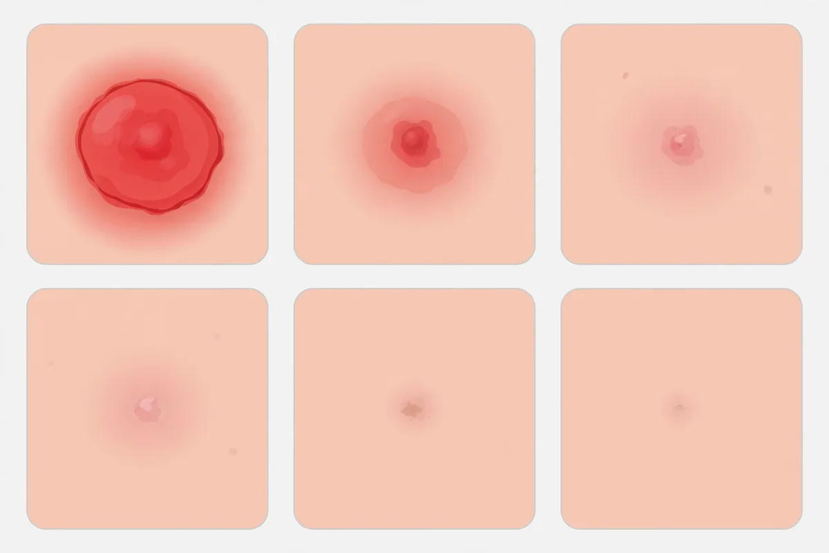 Illustrated day-by-day healing stages of an insect bite mark from red welt to fading mark, clean editorial style
