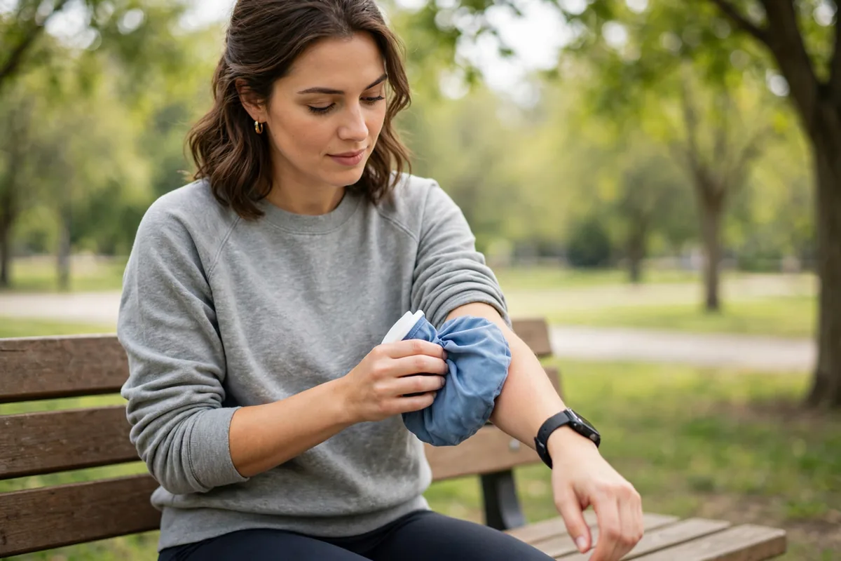 Person applying a cold compress to their arm outdoors in a natural setting, clean editorial style