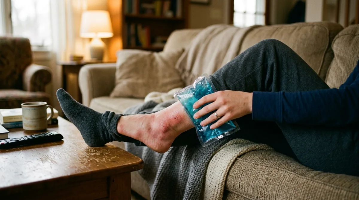 Applying an ice pack to a swollen bug bite on an ankle at home
