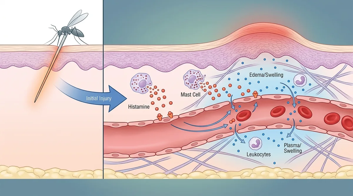 Medical illustration of histamine immune response causing swelling around an insect bite