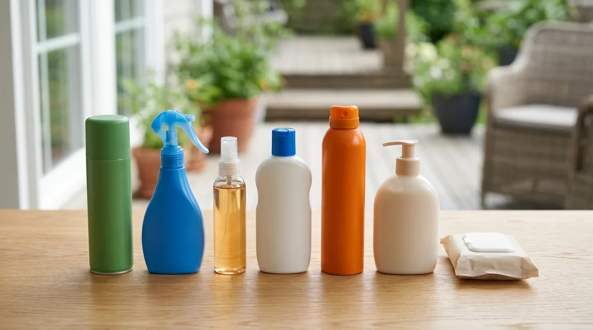 Lineup of insect repellent bottles, sprays, lotion and wipes on a wooden table