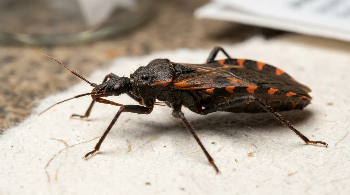 Close-up of a kissing bug triatomine on a light surface showing its cone-shaped head and markings