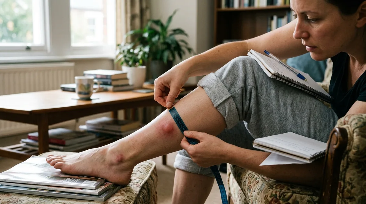 Measuring a swollen insect bite on a leg with a tape to monitor healing