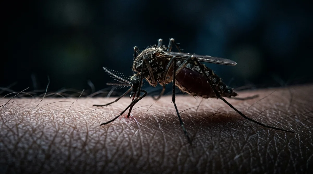 Macro photograph of a mosquito biting human skin at night