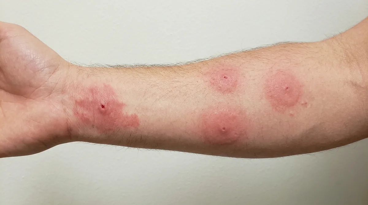 Multiple red swollen bee stings with welts on a forearm